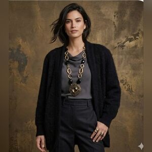 Luxurious Angora Rabbit Hair/Wool Black Open-Front Embroidered Cardigan Sweater